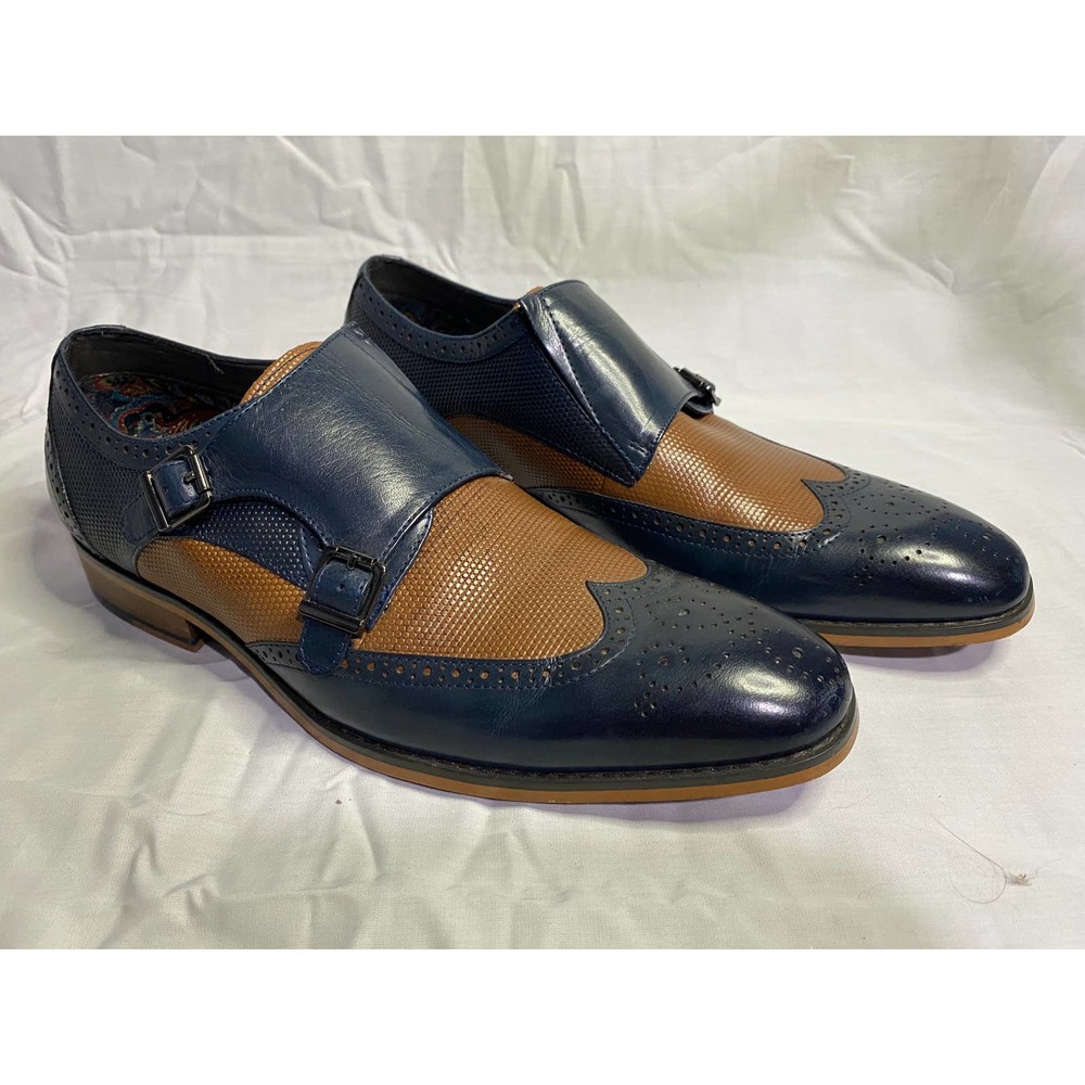 Two Tone Double Monk Strap Blue & Tan Leather Dress Shoe